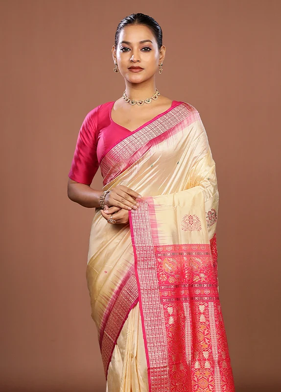 Cream Handloom Bomkai Pure Silk Saree With Blouse Piece One Size