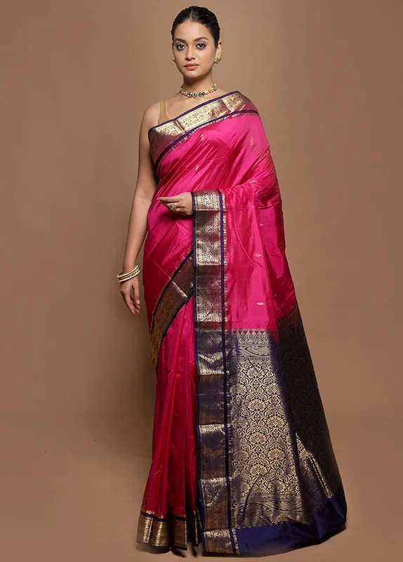 Pink Handloom Kanjivaram Pure Silk Saree With Blouse Piece Onesize