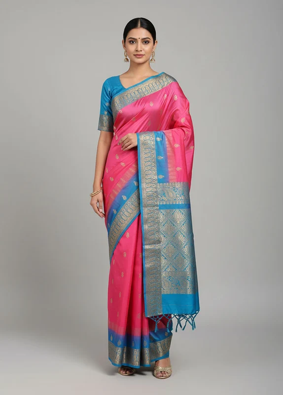 Pink Handloom Kanjivaram Pure Silk Saree With Blouse Piece One Size
