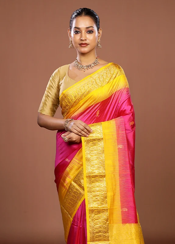 Pink Handloom Kanjivaram Pure Silk Saree With Blouse Piece One Size