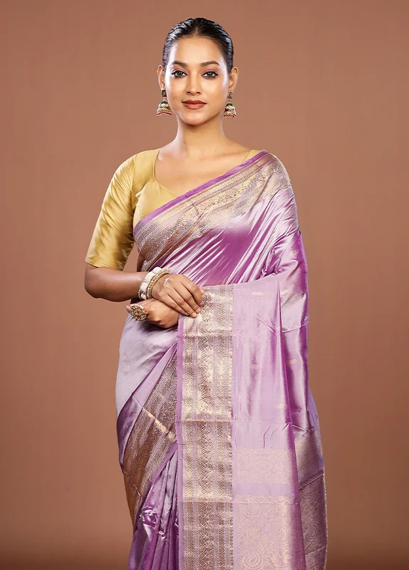 Purple Handloom Kanjivaram Pure Silk Saree With Blouse Piece One Size