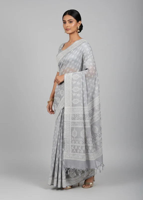 Grey Cotton Saree With Blouse Piece One Size
