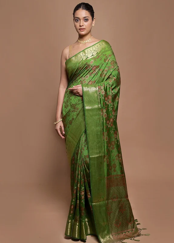 Green Dupion Silk Saree With Blouse Piece Onesize