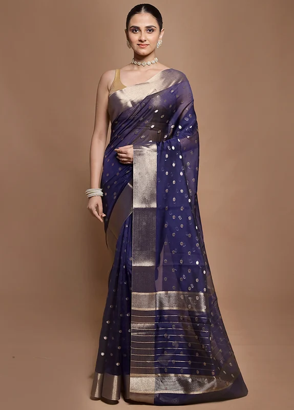 Blue Kora Silk Saree With Blouse Piece Onesize