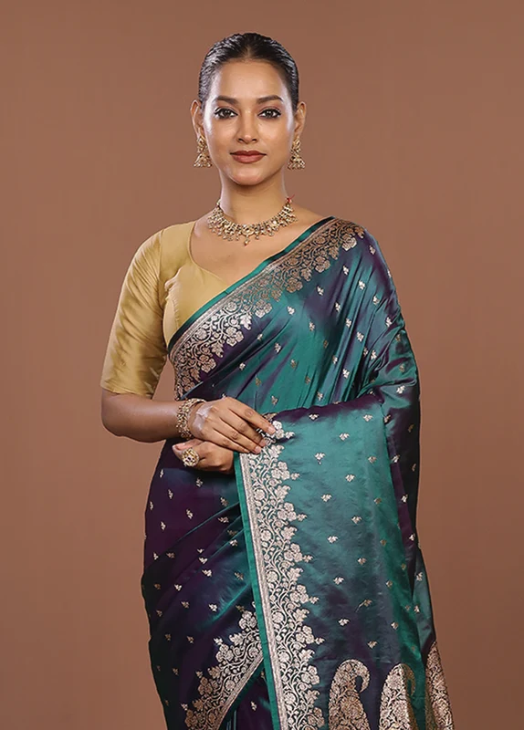 Blue Banarasi Silk Saree With Blouse Piece One Size