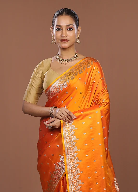 Orange Banarasi Silk Saree With Blouse Piece One Size