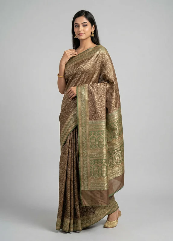 Brown Jamewar Silk Saree With Blouse Piece One Size