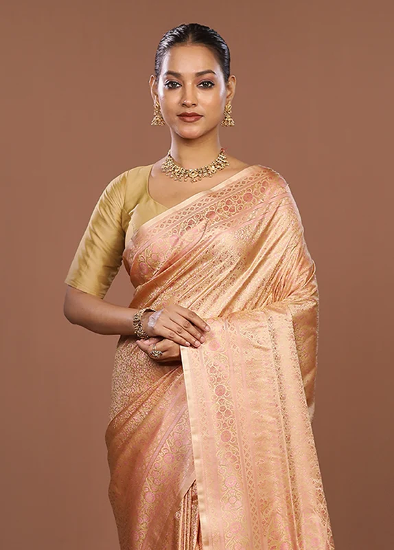 Peach Jamewar Silk Saree With Blouse Piece One Size