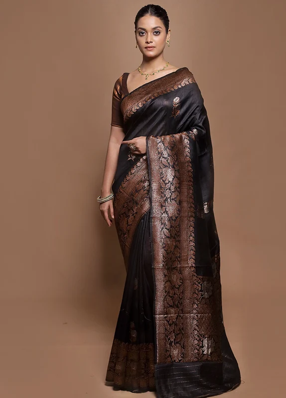 Black Handloom Tussar Pure Silk Saree With Blouse Piece Onesize