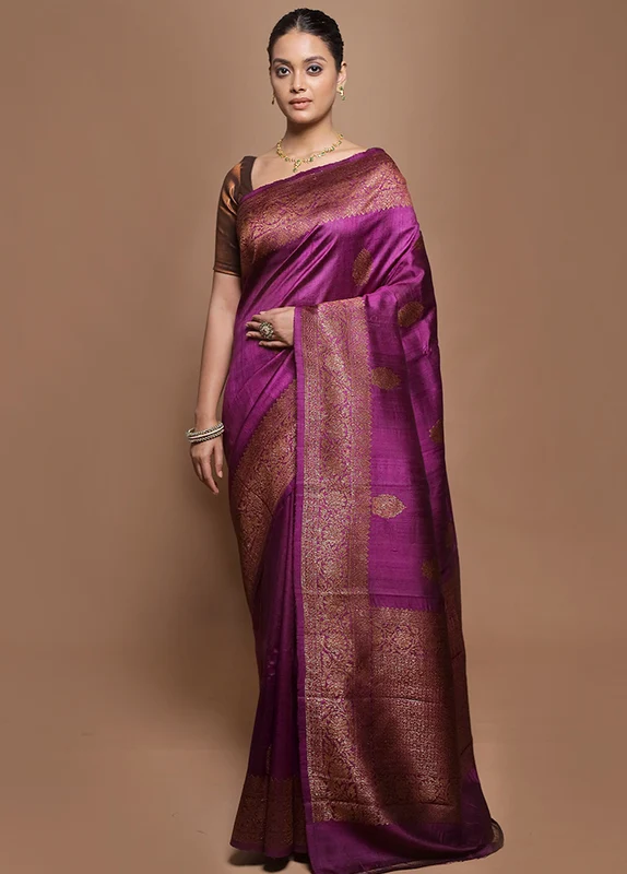 Purple Handloom Tussar Pure Silk Saree With Blouse Piece Onesize