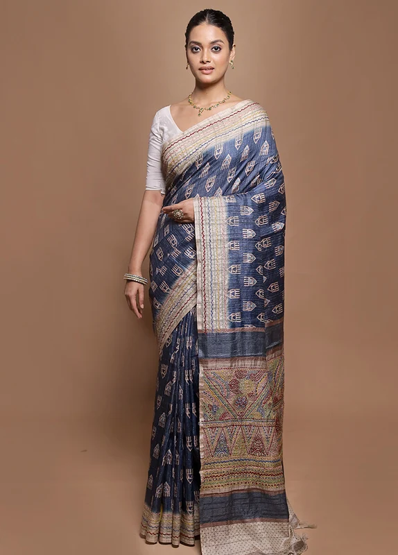 Blue Tussar Silk Saree With Blouse Piece Onesize