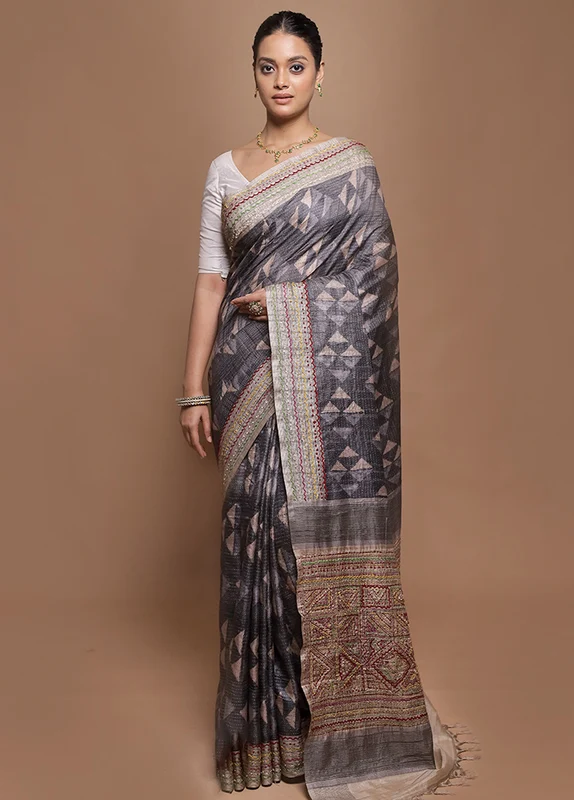 Grey Tussar Silk Saree With Blouse Piece Onesize