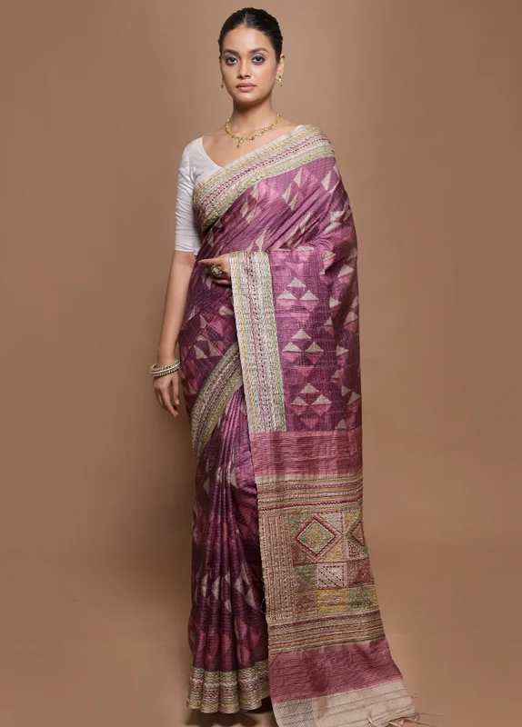 Purple Tussar Silk Saree With Blouse Piece Onesize