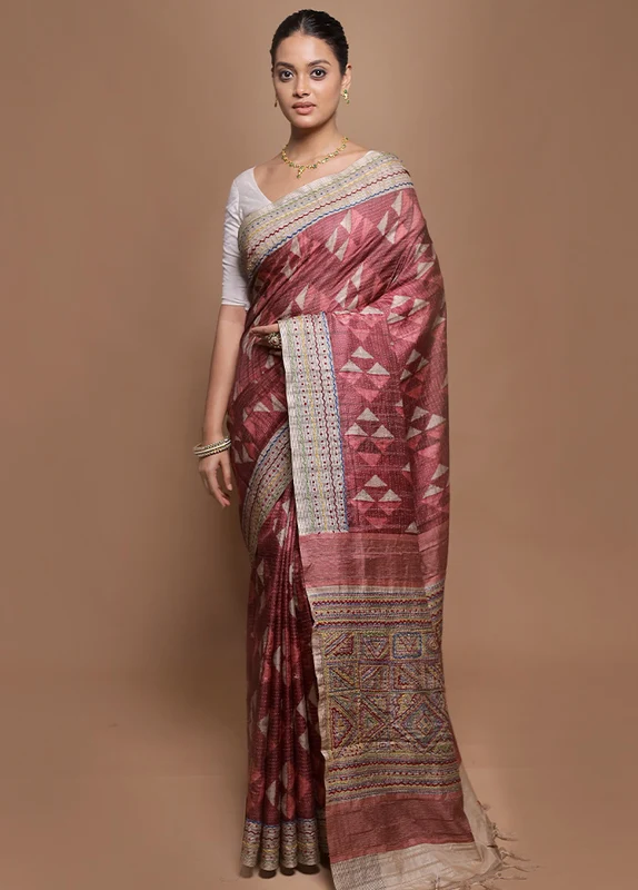 Pink Tussar Silk Saree With Blouse Piece Onesize