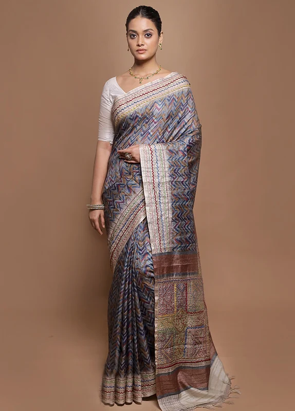 Blue Tussar Silk Saree With Blouse Piece Onesize