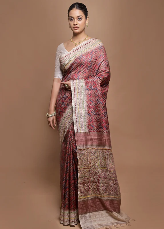 Pink Tussar Silk Saree With Blouse Piece Onesize