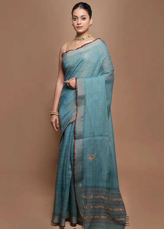 Green Linen Silk Saree With Blouse Piece Onesize