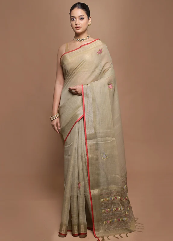 Cream Linen Silk Saree With Blouse Piece Onesize