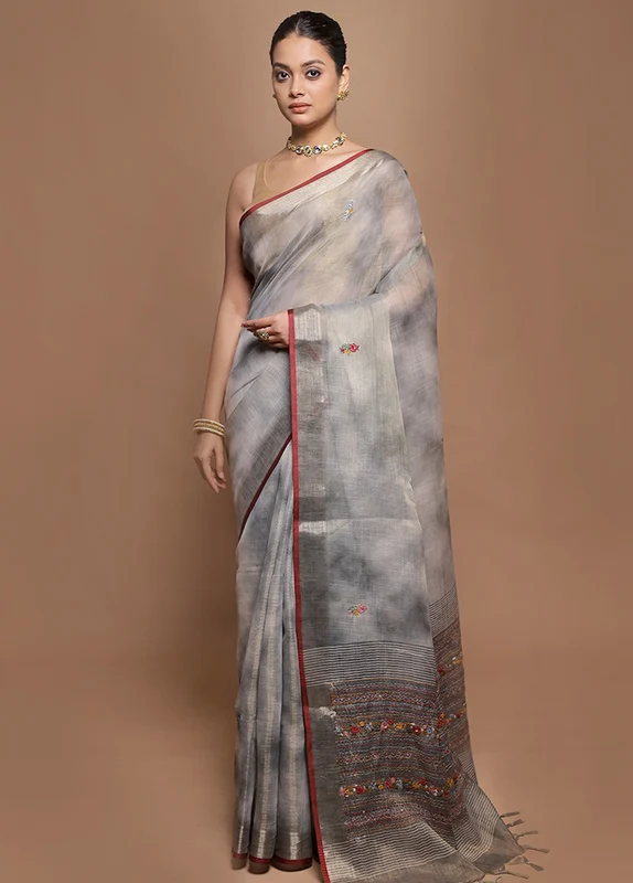 Grey Linen Silk Saree With Blouse Piece Onesize