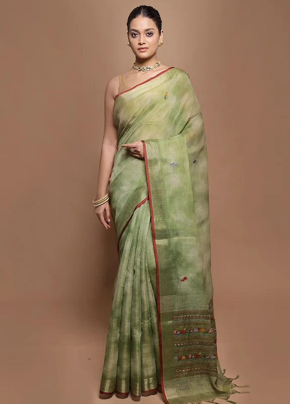 Green Linen Silk Saree With Blouse Piece Onesize