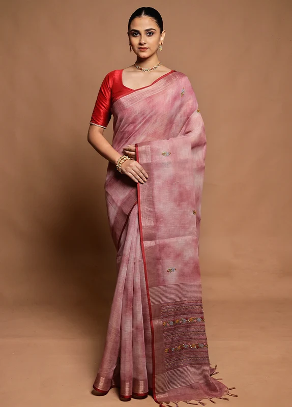Pink Linen Silk Saree With Blouse Piece Onesize