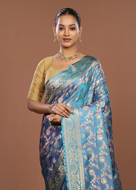 Blue Tanchoi Silk Saree With Blouse Piece One Size