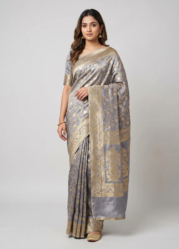 Grey Tanchoi Silk Saree With Blouse Piece One Size