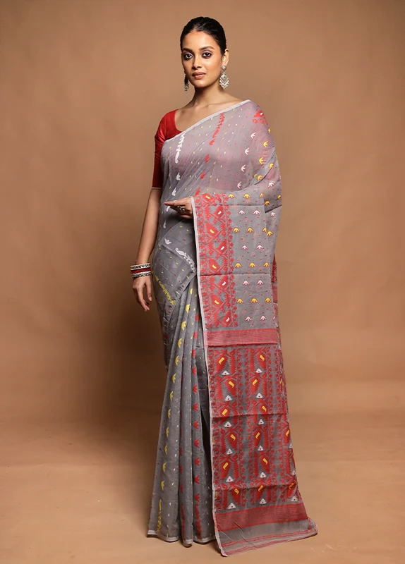Grey Tant Jamdani Saree Without Blouse Piece Onesize