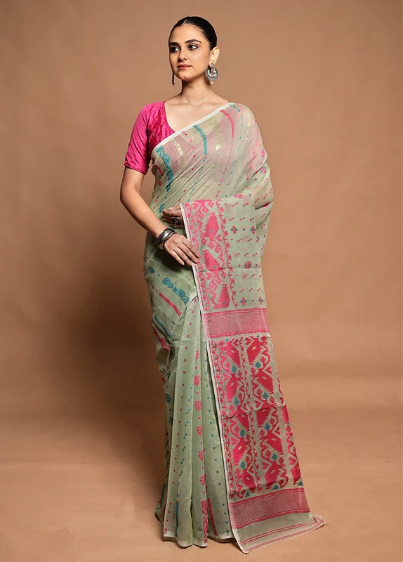 Green Tant Jamdani Saree Without Blouse Piece Onesize
