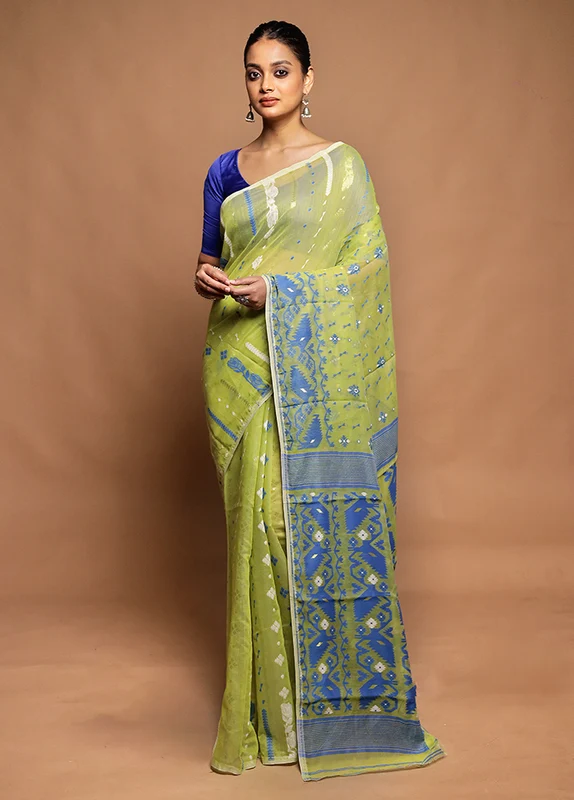 Green Tant Jamdani Saree Without Blouse Piece Onesize
