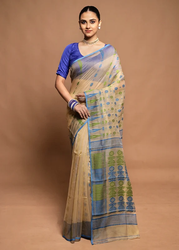 Cream Tant Jamdani Saree Without Blouse Piece Onesize