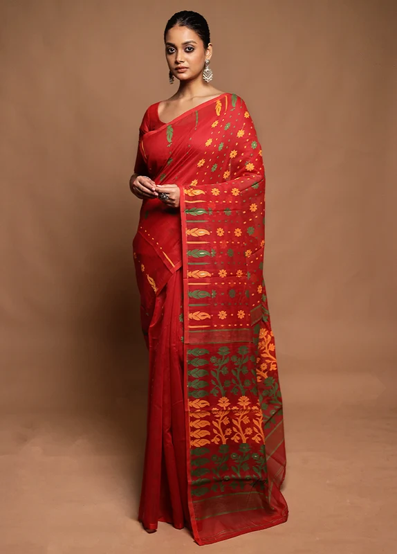 Red Tant Jamdani Saree Without Blouse Piece Onesize