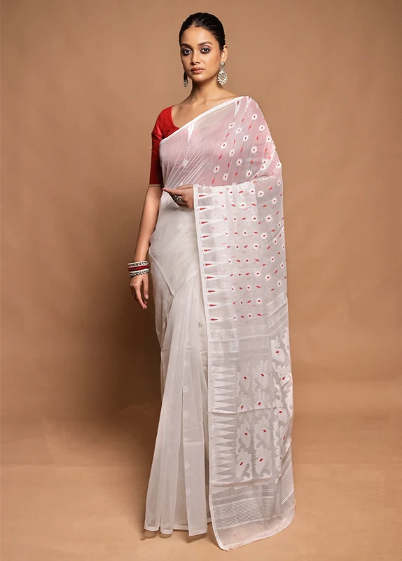 White Tant Jamdani Saree Without Blouse Piece Onesize