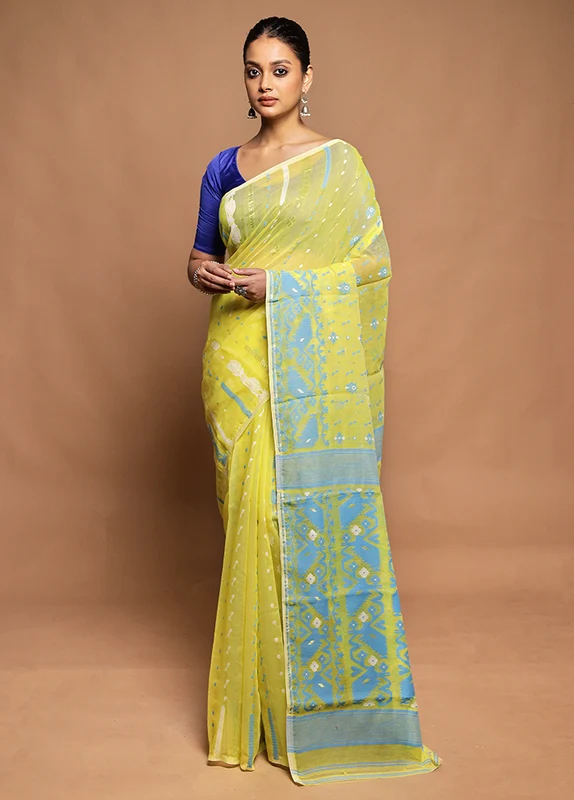 Blue Tant Jamdani Saree Without Blouse Piece Onesize