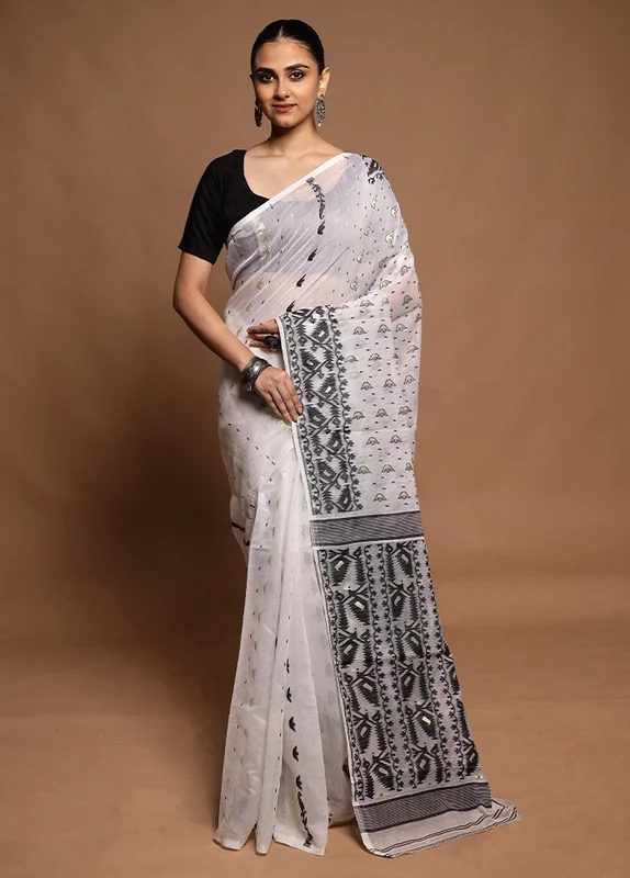 White Tant Jamdani Saree Without Blouse Piece Onesize