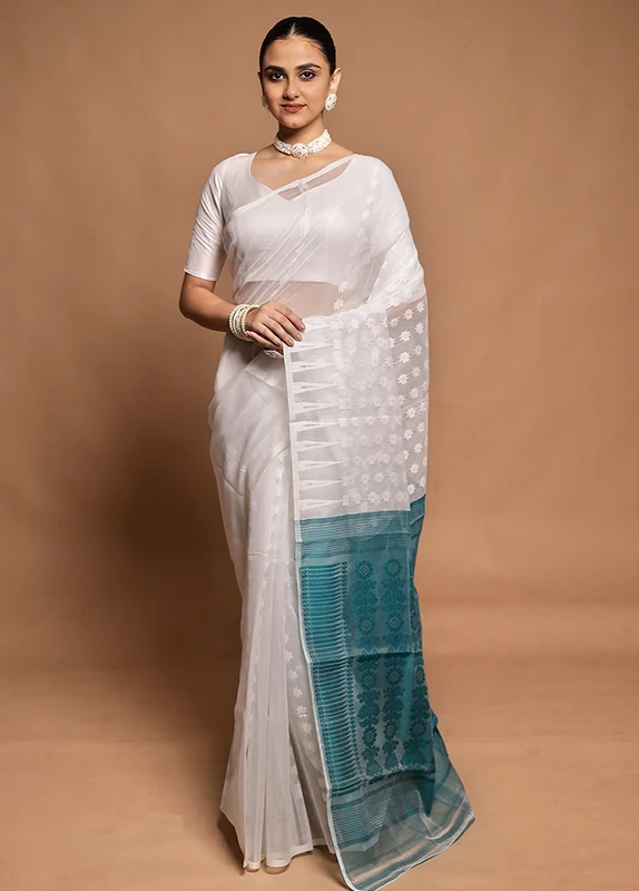 White Tant Jamdani Saree Without Blouse Piece Onesize