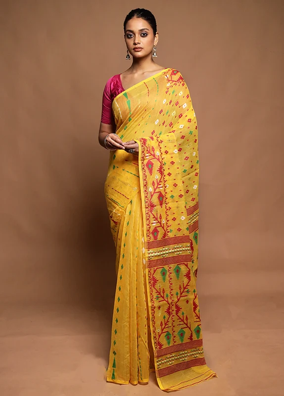 Yellow Tant Jamdani Saree Without Blouse Piece Onesize