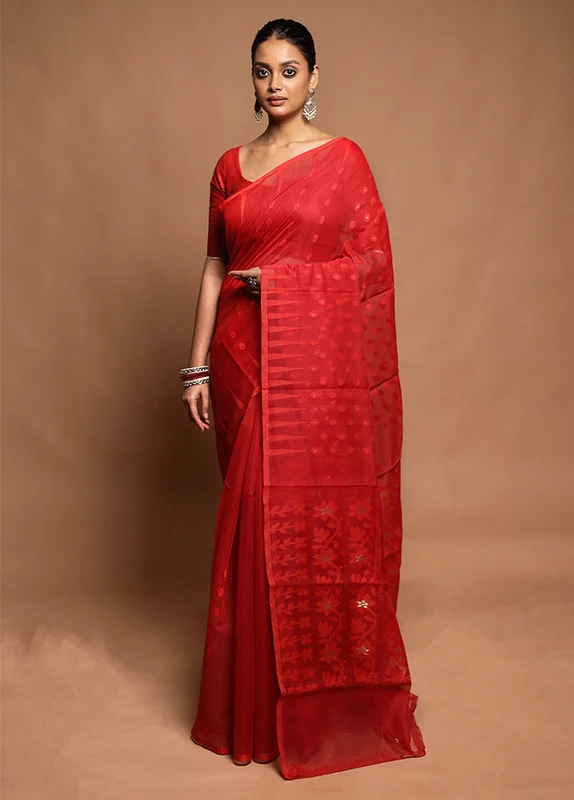 Red Tant Jamdani Saree Without Blouse Piece Onesize
