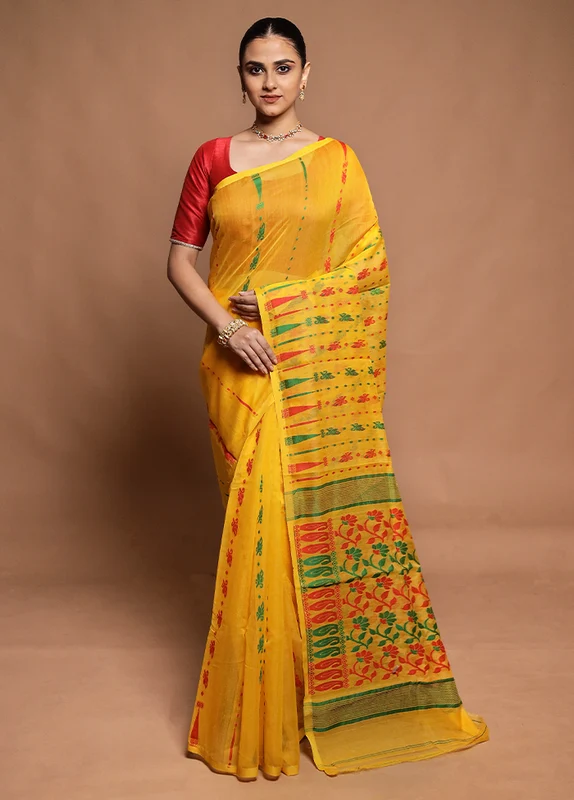 Yellow Tant Jamdani Saree Without Blouse Piece Onesize