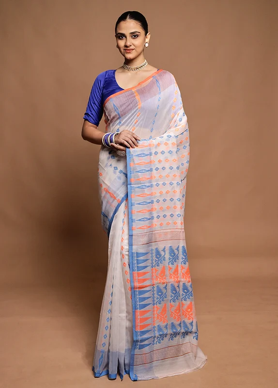 White Tant Jamdani Saree Without Blouse Piece Onesize