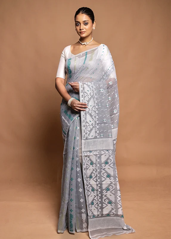 Grey Tant Jamdani Saree Without Blouse Piece Onesize