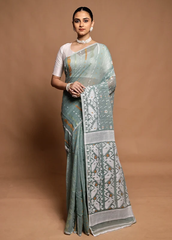 Green Tant Jamdani Saree Without Blouse Piece Onesize