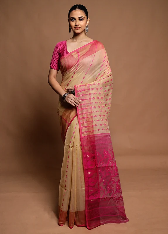 Pink Tant Jamdani Saree Without Blouse Piece Onesize