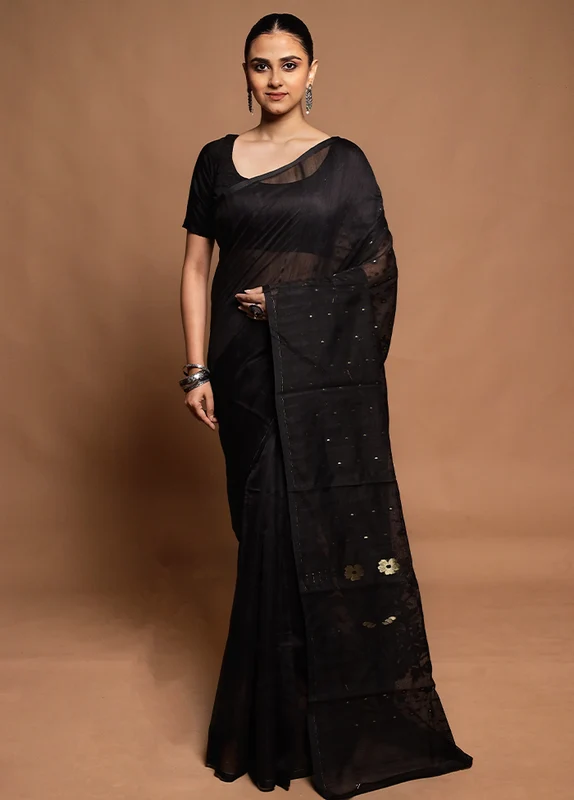 Black Tant Jamdani Saree Without Blouse Piece Onesize