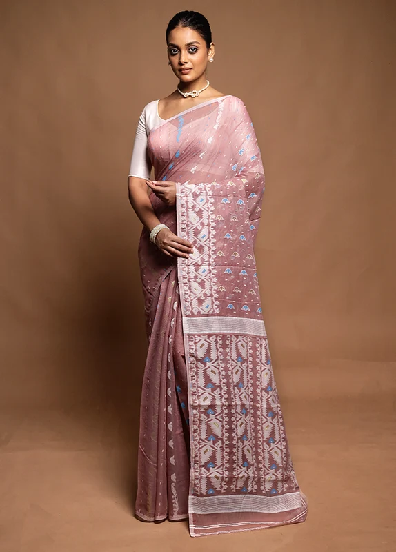 Purple Tant Jamdani Saree Without Blouse Piece Onesize
