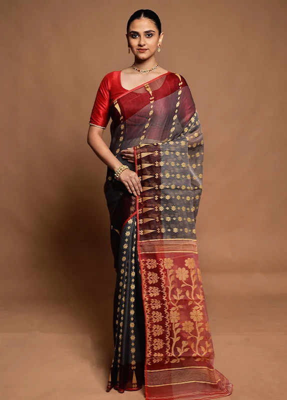 Maroon Tant Jamdani Saree Without Blouse Piece Onesize