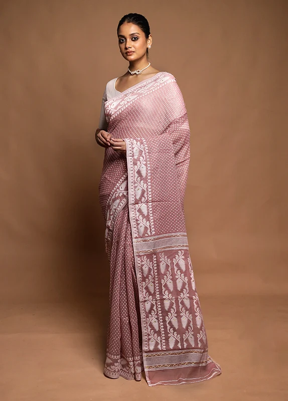 Pink Tant Jamdani Saree Without Blouse Piece Onesize