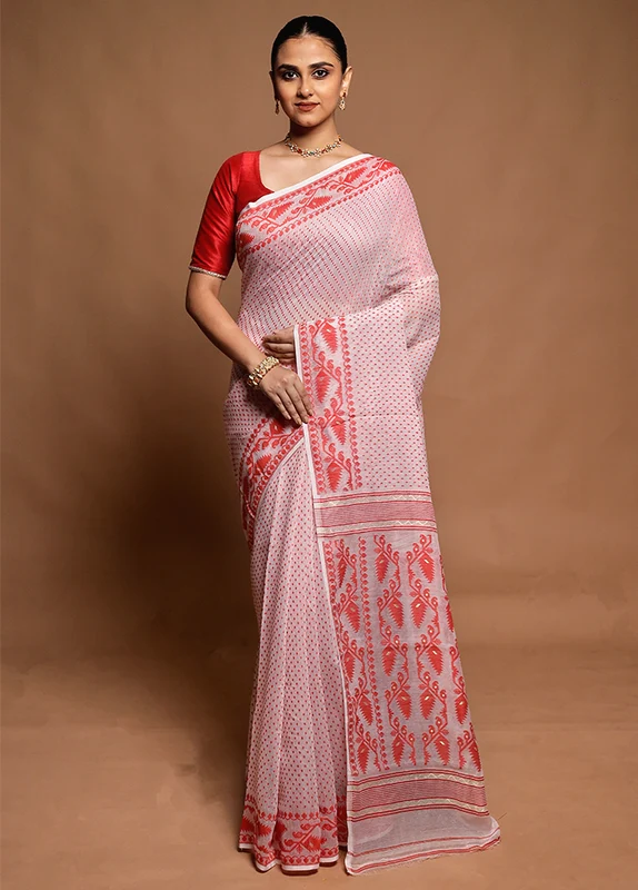 White Tant Jamdani Saree Without Blouse Piece Onesize
