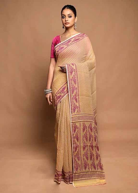 Cream Tant Jamdani Saree Without Blouse Piece Onesize