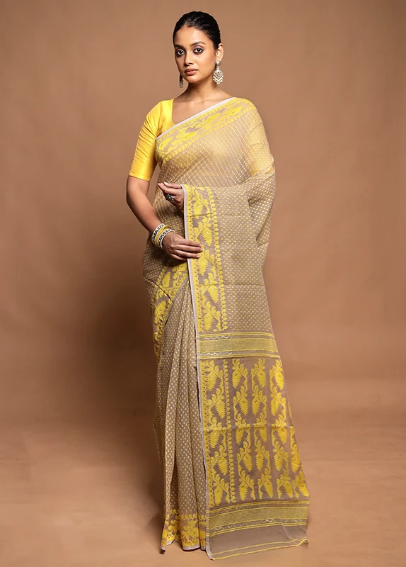 Cream Tant Jamdani Saree Without Blouse Piece Onesize